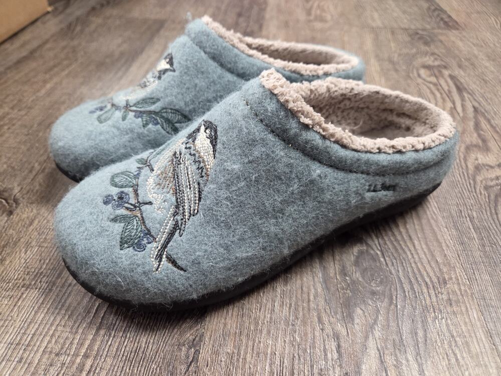 L.L. Bean Daybreak Scuffs Aqua Blue Bird Motif Slip On Shoes Slippers Wool 6M